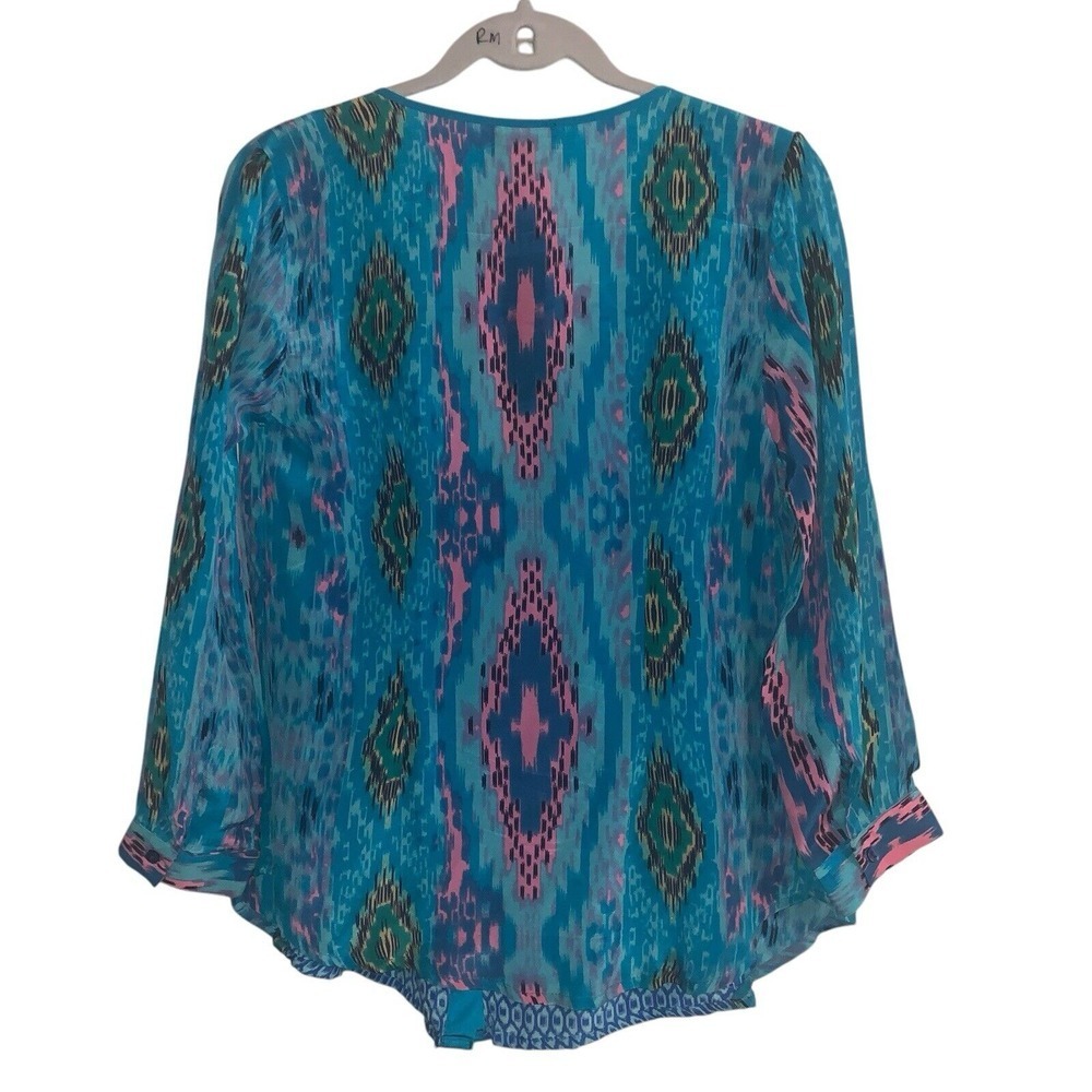 Tolani Top Blouse V-neck Long Sleeve‎ 100% Silk XS Turquoise Abstract NWT New - Picture 2 of 6